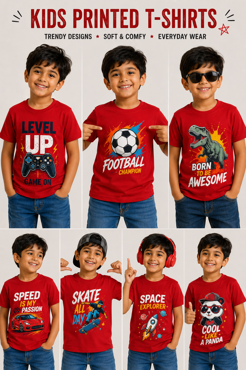 Custom Customized Kids T-Shirt 100% Cotton | Name, Image & Quote Printing | Half Sleeve Round Neck | Ages 1.5–6 Years | Red, Blue & Pink print view 2